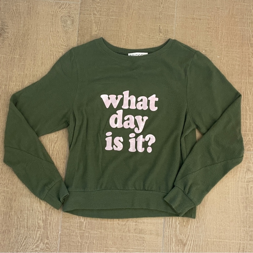 SOLD- Wildfox Olive Sweater with Pink Text